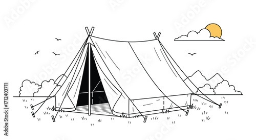A classic canvas tent pitched in a wilderness setting during daylight.
