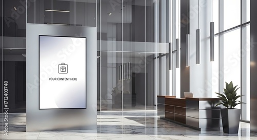 Modern digital signage stands tall in a bright, spacious office lobby, offering a sleek and informative display for visitors and employees alike.