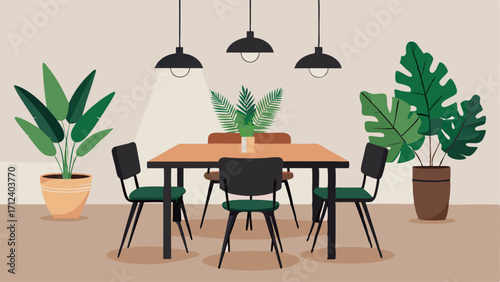A dining area with a teak wood table black metal chairs and a hanging planter filled with tropical ferns.