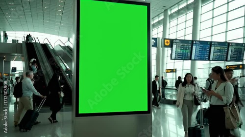 Large Green Screen Advertising Billboard Mockup in Modern Airport Terminal with Diverse Travelers