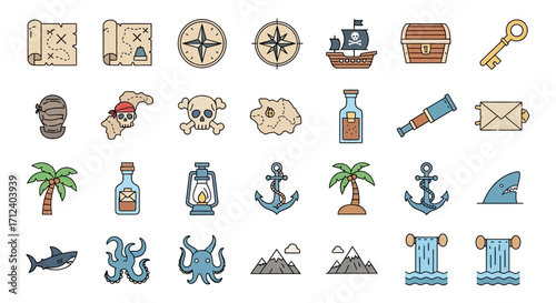 Pirate Adventure Icons - Treasure Maps, Ships, and Sea Creatures.