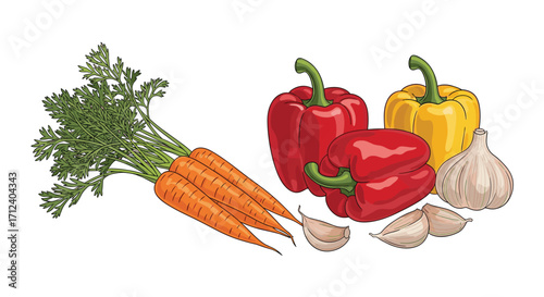 Fresh carrots red and yellow bell peppers and garlic cloves for cooking.