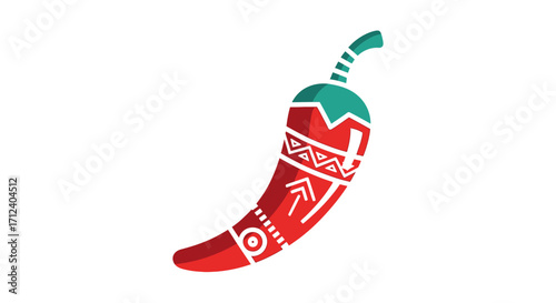 Red Chili Pepper with Intricate Tribal Patterns and Green Stem.