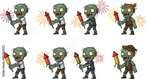 Funny cartoon zombies holding fireworks in festive poses, humorous horror vector set for Halloween, celebration, party, and spooky themes