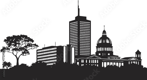 High resolution black and white city skyline silhouette graphic design with helvetica and courier fonts
