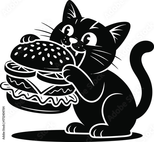 Playful Black Cat Devouring a Juicy Double Cheeseburger