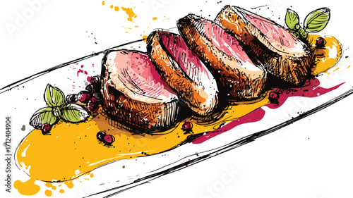 Elegant Gourmet Duck Breast Sketch with Orange Slices for Culinary Concept