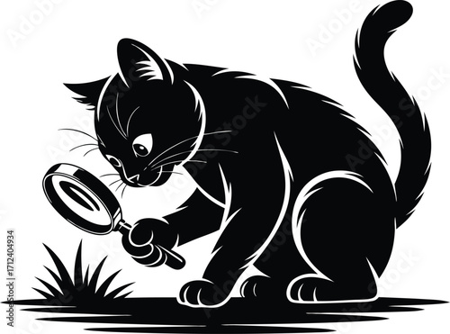 Curious Black Kitten Investigating Grass with Magnifying Glass