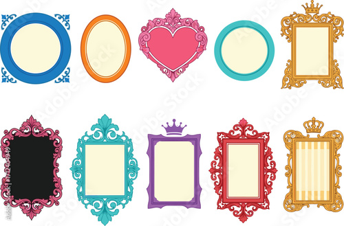 Ornate decorative picture frames set, vintage and modern styles, colorful shapes, crown details, floral designs, scrollwork, heart, oval, rectangular