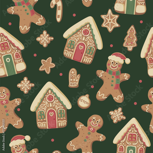 Christmas gingerbread gingerman seamless pattern with houses cookies snowflakes mittens stars festive holiday