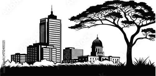 Striking high resolution black and white city skyline silhouette for modern design projects