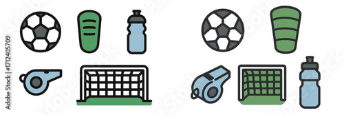 Collection of soccer equipment including balls, goals, and accessories for practice and games
