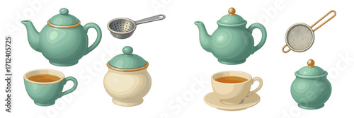 Classic teaware collection with teapots, cups, sugar bowls, and strainers for hot beverage service