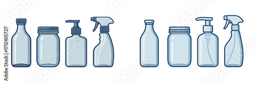 Collection of empty transparent bottles, jars, pump dispensers, and sprayers for various liquids and products