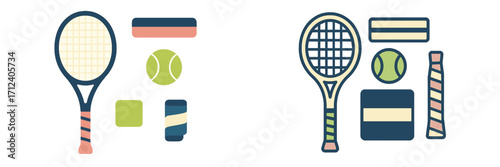 Colorful tennis equipment and accessories arranged neatly on a flat surface for sports enthusiasts and players