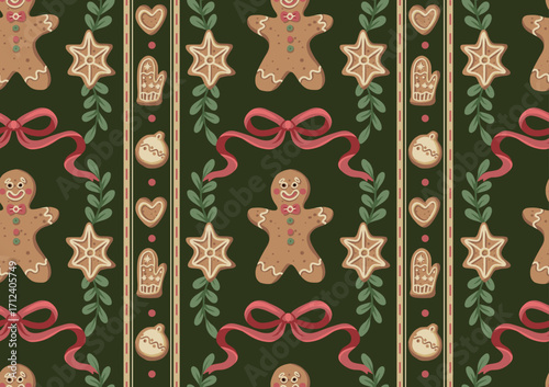 Christmas gingerbread gingerman bow seamless pattern with cookies stars hearts mittens holiday decoration