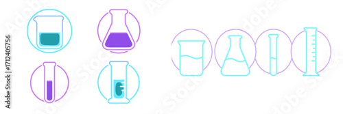 Vibrant neon outline laboratory glassware set with chemical liquids for science, research, and educational experiments in chemistry and biology