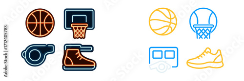 Diverse set of basketball equipment and accessories featuring glowing neon and clean outline styles for sports graphics and game interfaces
