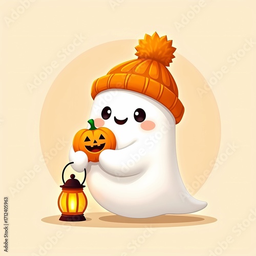 Cute Ghost Holding Pumpkin and Lantern