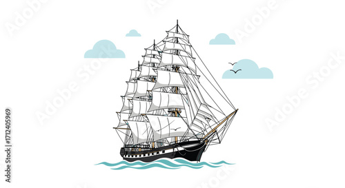 A majestic tall ship sails across the ocean under a cloudy sky.