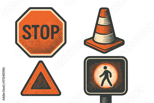 Traffic signs and symbols displayed in a clear, organized manner for driver and pedestrian guidance