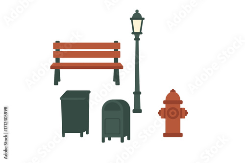 Urban park elements including a bench, lamp post, mailbox, and fire hydrant in a simple design
