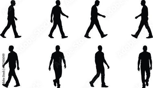 Silhouette of walking man, male figure shadow, people movement illustration, human pose design, black isolated person walking casual lifestyle