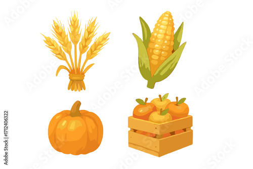 Colorful autumn harvest with wheat, corn, pumpkin, and apples in a wooden crate for seasonal celebration