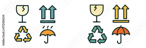 Essential universal packaging symbols for safe handling, storage, and environmental protection, featuring fragile, recycle, and orientation