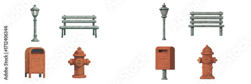 Urban street furniture elements collection featuring lampposts, park benches, fire hydrants, and trash cans for city design