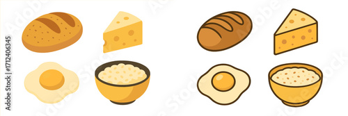 Stylized collection of common breakfast and staple food items including bread, cheese, fried egg, and rice in two distinct graphic styles