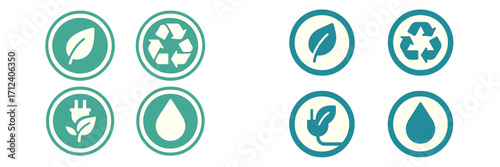 Environmental sustainability icons featuring green energy, recycling, water conservation, and nature protection