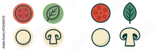 Flat design pepperoni, basil, cheese, and mushroom food ingredients for culinary themes