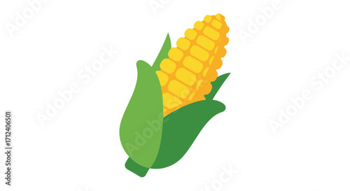 Single ear of corn, yellow kernels, green husk.