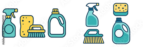 Cleaning supplies include spray bottles, sponges, and brushes for effective home cleaning tasks and hygiene maintenance