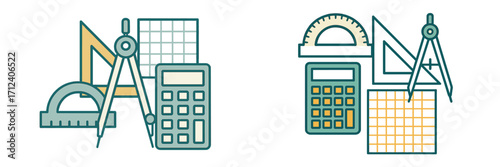Various mathematical and geometric drawing instruments including a calculator and grid paper for school and professional use