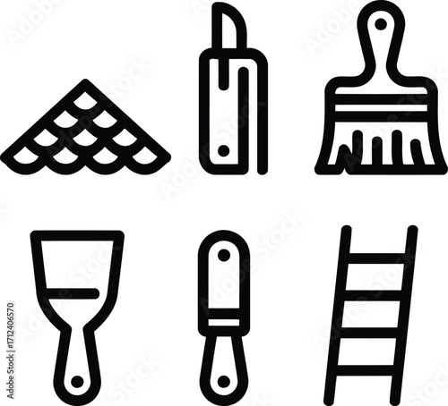 Set of Construction and Home Improvement Icons Depicting Roof Tiles, Box Cutter, Brush, Putty Knife, Scraper, and Ladder Symbols