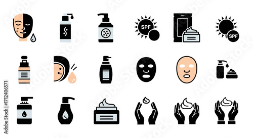 Skincare products and sun protection icons set.