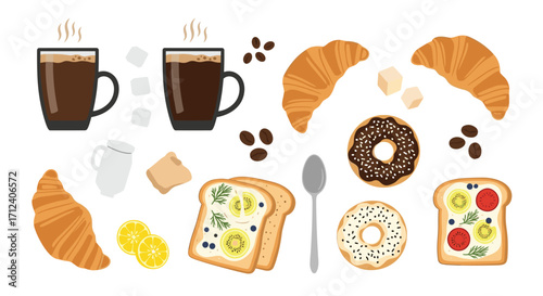 A collection of delicious breakfast items including coffee croissants toast donuts and fruit.