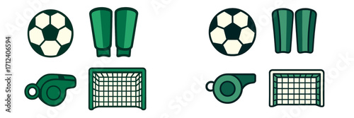 Collection of essential soccer equipment including balls, shin guards, whistles, and goals for sports design