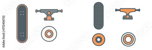 Skateboard parts and components laid out for assembly in a minimalistic design