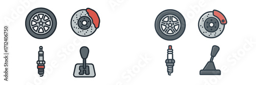 Automotive vehicle components including wheel, brake disc, spark plug, and manual gear shifter for repair and maintenance