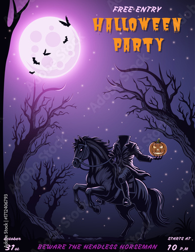 Headless horseman Halloween party poster dark night background. Spooky flyer design with full moon, bats, pumpkin lantern, haunted forest, scary atmosphere. Vector holiday illustration.