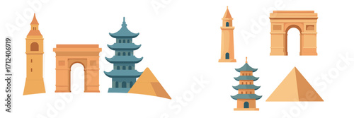 Famous world landmarks and architectural monuments and iconic global travel destination buildings