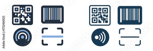 Collection of QR code, barcode, and wireless scanning icons for digital identification and data capture