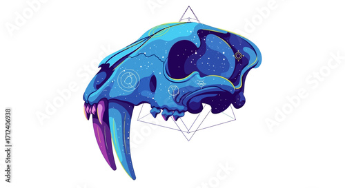 Smilodon Skull Cosmic Blue Hues Illustration.