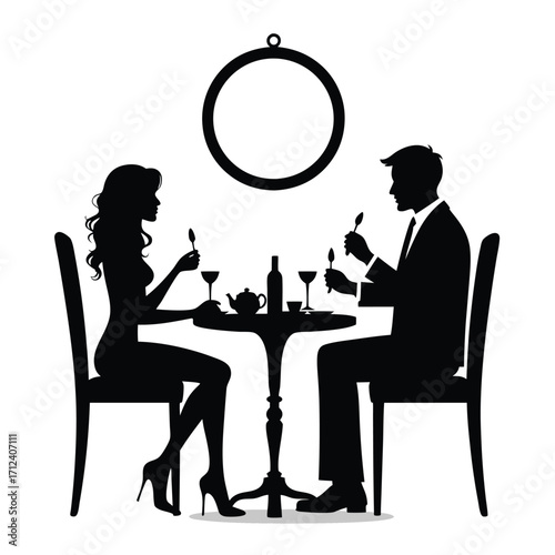 Couple dining at a table with wine and teapot silhouette