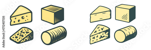 Variety of cheese types displayed in a simple, colorful design suitable for educational purposes