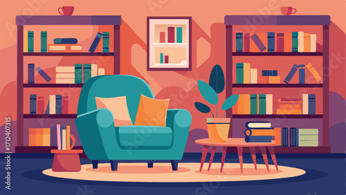 A cozy reading corner with comfortable chairs and a large bookshelf filled with books.