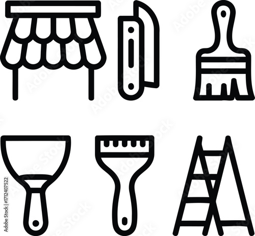 Construction and Home Improvement Icons Set Featuring Awning, Chisel, Paint Brushes, Putty Knife, and Ladder Outlined in Black on White
